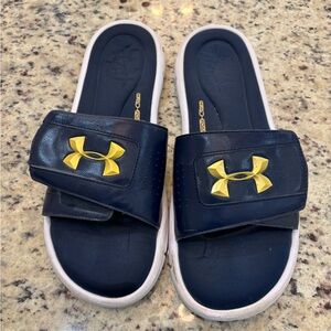 *NOT AVAILABLE *Under Armour Navy Slide Sandals with Gold Logo and White Trim
